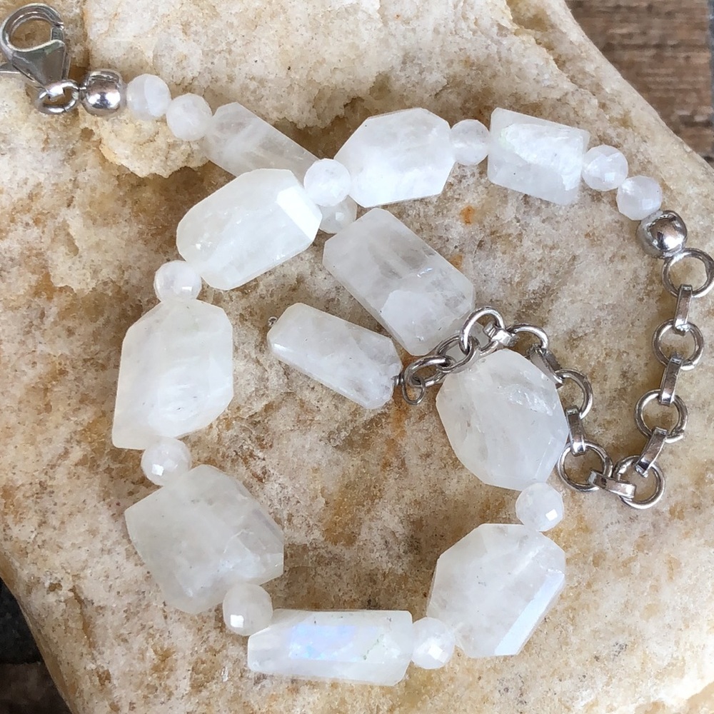 Rough Cut Rainbow Moonstone Sterling Silver Bracelet - Picture 7 of 12